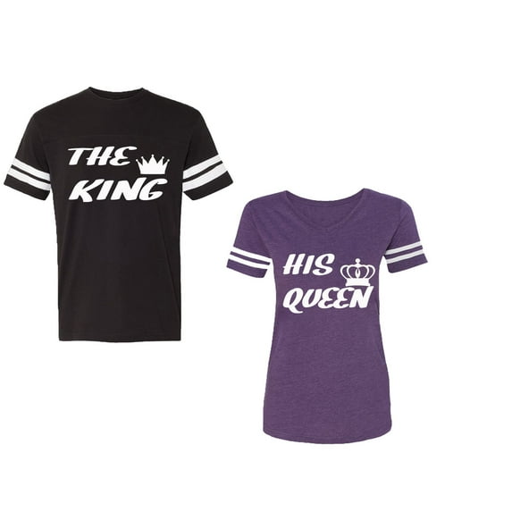 The King His Queen Unisex Couple Matching Cotton Jersey style T-Shirt Contrasting stripes on sleeves (Men Black / Women Purple) (Men S / Women M)