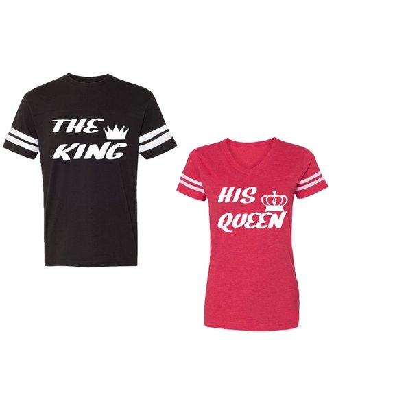 The King His Queen Unisex Couple Matching Cotton Jersey style T-Shirt Contrasting stripes on sleeves (Men Black / Women Red) (Men XL / Women L)