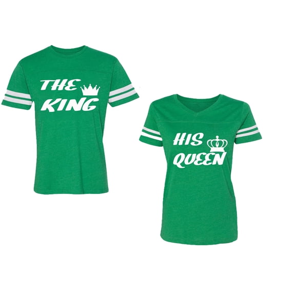 The King His Queen Unisex Couple Matching Cotton Jersey style T-Shirt Contrasting stripes on sleeves (Men Green / Women Green) (Men XL / Women S)