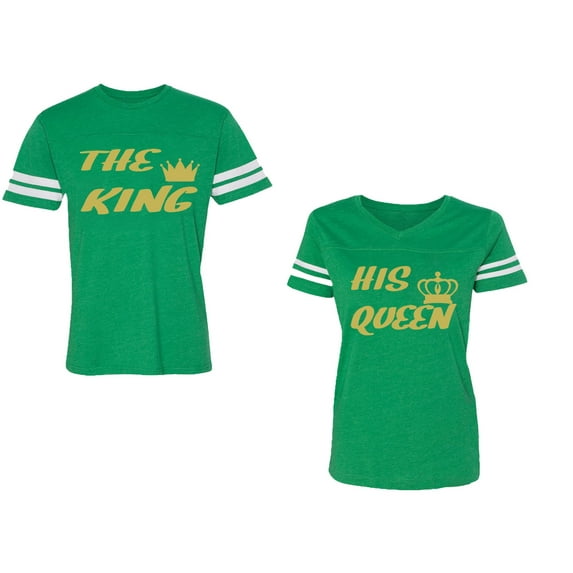 The King His Queen Unisex Couple Matching Cotton Jersey style T-Shirt Contrasting stripes on sleeves (Men Green / Women Green) (Men XXL / Women S)