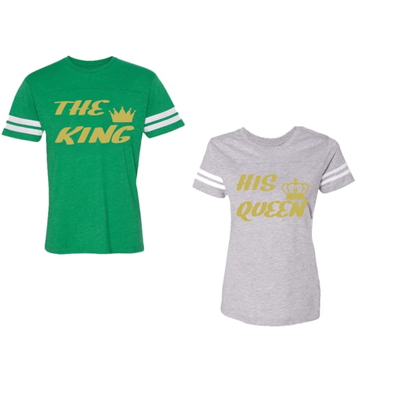 The King His Queen Unisex Couple Matching Cotton Jersey style T-Shirt Contrasting stripes on sleeves (Men Green / Women Heather) (Men L / Women S)