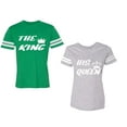 thumbnail image 1 of The King His Queen Unisex Couple Matching Cotton Jersey style T-Shirt Contrasting stripes on sleeves (Men Green / Women Heather) (Men S / Women XXL), 1 of 3