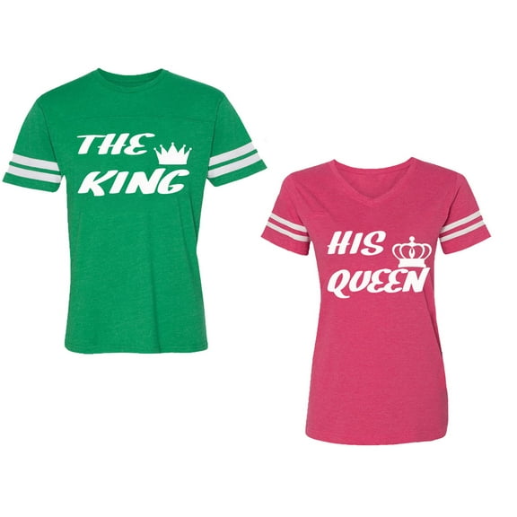 The King His Queen Unisex Couple Matching Cotton Jersey style T-Shirt Contrasting stripes on sleeves (Men Green / Women Pink) (Men M / Women XXL)