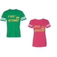 thumbnail image 1 of The King His Queen Unisex Couple Matching Cotton Jersey style T-Shirt Contrasting stripes on sleeves (Men Green / Women Pink) (Men XL / Women M), 1 of 3