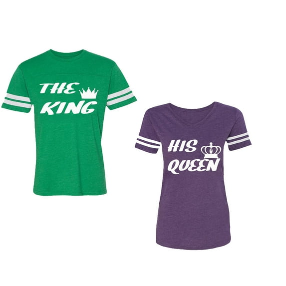 The King His Queen Unisex Couple Matching Cotton Jersey style T-Shirt Contrasting stripes on sleeves (Men Green / Women Purple) (Men M / Women XXL)