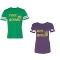 thumbnail image 1 of The King His Queen Unisex Couple Matching Cotton Jersey style T-Shirt Contrasting stripes on sleeves (Men Green / Women Purple) (Men S / Women XXL), 1 of 3