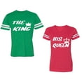 thumbnail image 1 of The King His Queen Unisex Couple Matching Cotton Jersey style T-Shirt Contrasting stripes on sleeves (Men Green / Women Red) (Men M / Women XL), 1 of 3