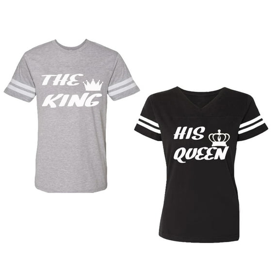 The King His Queen Unisex Couple Matching Cotton Jersey style T-Shirt Contrasting stripes on sleeves (Men Heather / Women Black) (Men S / Women L)