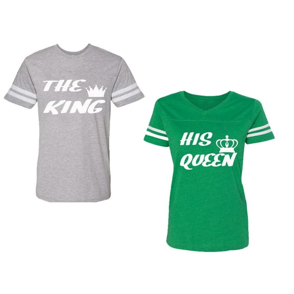 The King His Queen Unisex Couple Matching Cotton Jersey style T-Shirt Contrasting stripes on sleeves (Men Heather / Women Green) (Men L / Women XL)