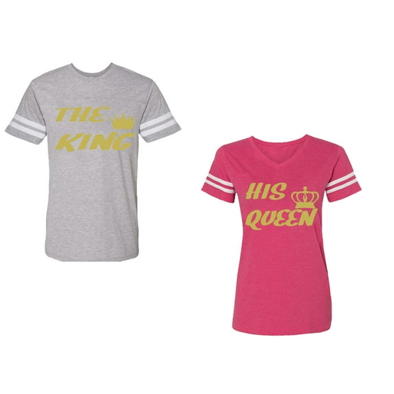 The King His Queen Unisex Couple Matching Cotton Jersey style T-Shirt Contrasting stripes on sleeves (Men Heather / Women Pink) (Men M / Women S)