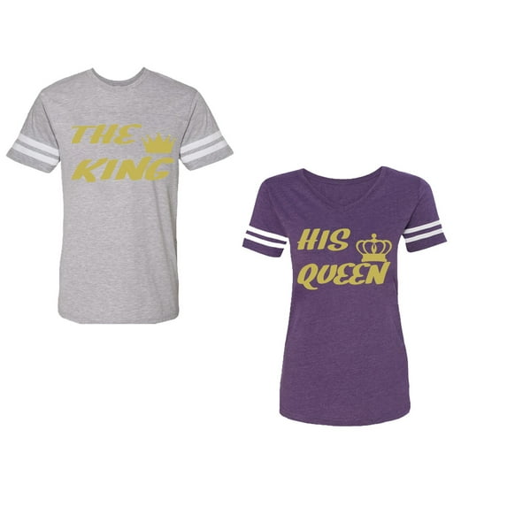 The King His Queen Unisex Couple Matching Cotton Jersey style T-Shirt Contrasting stripes on sleeves (Men Heather / Women Purple) (Men L / Women XL)