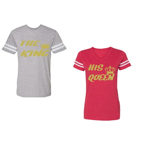 The King His Queen Unisex Couple Matching Cotton Jersey style T-Shirt Contrasting stripes on sleeves (Men Heather / Women Red) (Men M / Women XXL)