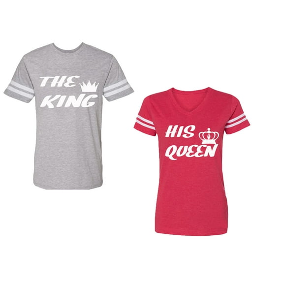 The King His Queen Unisex Couple Matching Cotton Jersey style T-Shirt Contrasting stripes on sleeves (Men Heather / Women Red) (Men XXL / Women L)