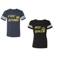 thumbnail image 1 of The King His Queen Unisex Couple Matching Cotton Jersey style T-Shirt Contrasting stripes on sleeves (Men Navy / Women Black) (Men XL / Women XL), 1 of 3