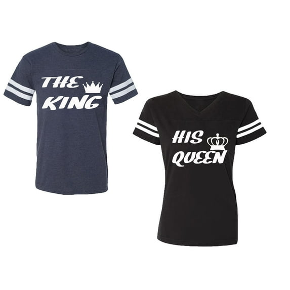 The King His Queen Unisex Couple Matching Cotton Jersey style T-Shirt Contrasting stripes on sleeves (Men Navy / Women Black) (Men XXL / Women M)