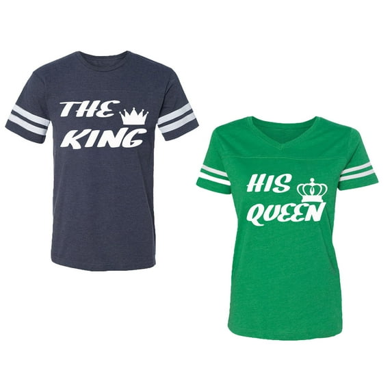 The King His Queen Unisex Couple Matching Cotton Jersey style T-Shirt Contrasting stripes on sleeves (Men Navy / Women Green) (Men S / Women XXL)