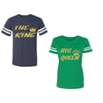 thumbnail image 1 of The King His Queen Unisex Couple Matching Cotton Jersey style T-Shirt Contrasting stripes on sleeves (Men Navy / Women Green) (Men XL / Women S), 1 of 3