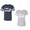 thumbnail image 1 of The King His Queen Unisex Couple Matching Cotton Jersey style T-Shirt Contrasting stripes on sleeves (Men Navy / Women Heather) (Men XXL / Women S), 1 of 3