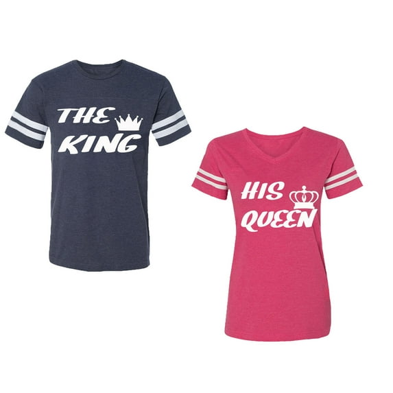 The King His Queen Unisex Couple Matching Cotton Jersey style T-Shirt Contrasting stripes on sleeves (Men Navy / Women Pink) (Men XL / Women L)