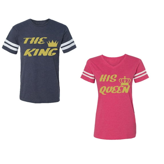 The King His Queen Unisex Couple Matching Cotton Jersey style T-Shirt Contrasting stripes on sleeves (Men Navy / Women Pink) (Men XL / Women S)