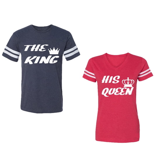 The King His Queen Unisex Couple Matching Cotton Jersey style T-Shirt Contrasting stripes on sleeves (Men Navy / Women Red) (Men L / Women L)