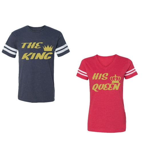 The King His Queen Unisex Couple Matching Cotton Jersey style T-Shirt Contrasting stripes on sleeves (Men Navy / Women Red) (Men XL / Women XL)