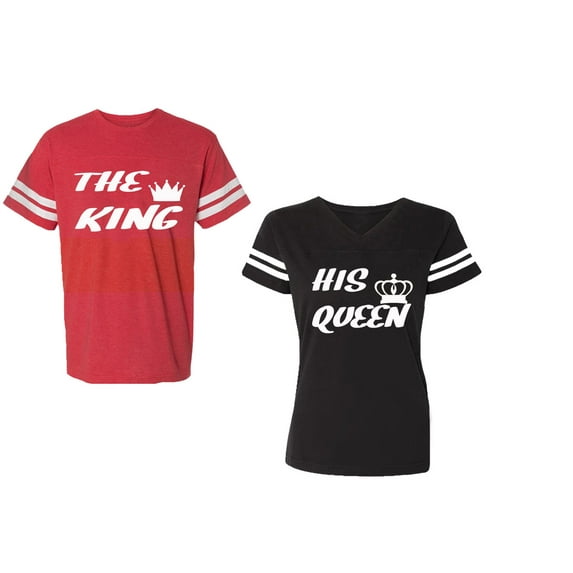 The King His Queen Unisex Couple Matching Cotton Jersey style T-Shirt Contrasting stripes on sleeves (Men Red / Women Black) (Men S / Women S)