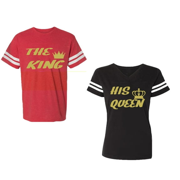 The King His Queen Unisex Couple Matching Cotton Jersey style T-Shirt Contrasting stripes on sleeves (Men Red / Women Black) (Men S / Women S)