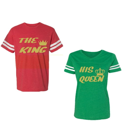 The King His Queen Unisex Couple Matching Cotton Jersey style T-Shirt Contrasting stripes on sleeves (Men Red / Women Green) (Men L / Women S)