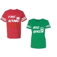 thumbnail image 1 of The King His Queen Unisex Couple Matching Cotton Jersey style T-Shirt Contrasting stripes on sleeves (Men Red / Women Green) (Men XXL / Women S), 1 of 3