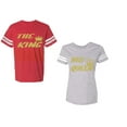 thumbnail image 1 of The King His Queen Unisex Couple Matching Cotton Jersey style T-Shirt Contrasting stripes on sleeves (Men Red / Women Heather) (Men L / Women S), 1 of 3