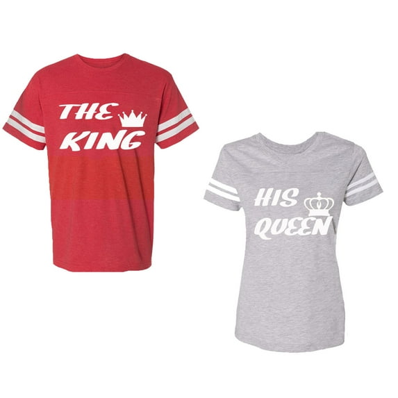 The King His Queen Unisex Couple Matching Cotton Jersey style T-Shirt Contrasting stripes on sleeves (Men Red / Women Heather) (Men XXL / Women M)