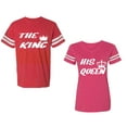 thumbnail image 1 of The King His Queen Unisex Couple Matching Cotton Jersey style T-Shirt Contrasting stripes on sleeves (Men Red / Women Pink) (Men L / Women L), 1 of 3