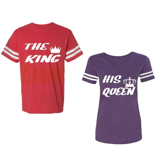 The King His Queen Unisex Couple Matching Cotton Jersey style T-Shirt Contrasting stripes on sleeves (Men Red / Women Purple) (Men S / Women XXL)