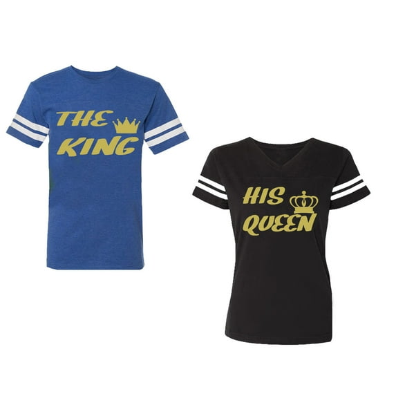 The King His Queen Unisex Couple Matching Cotton Jersey style T-Shirt Contrasting stripes on sleeves (Men Royal / Women Black) (Men S / Women S)