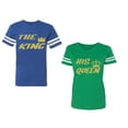 thumbnail image 1 of The King His Queen Unisex Couple Matching Cotton Jersey style T-Shirt Contrasting stripes on sleeves (Men Royal / Women Green) (Men L / Women S), 1 of 3