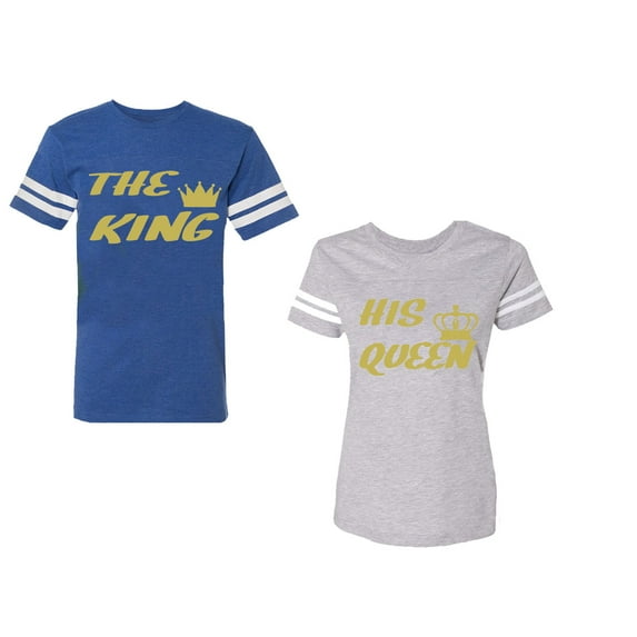 The King His Queen Unisex Couple Matching Cotton Jersey style T-Shirt Contrasting stripes on sleeves (Men Royal / Women Heather) (Men M / Women XL)