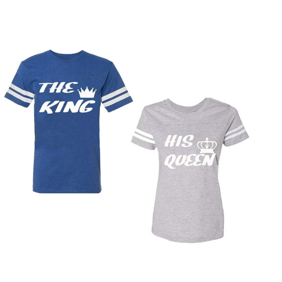 The King His Queen Unisex Couple Matching Cotton Jersey style T-Shirt Contrasting stripes on sleeves (Men Royal / Women Heather) (Men S / Women XL)