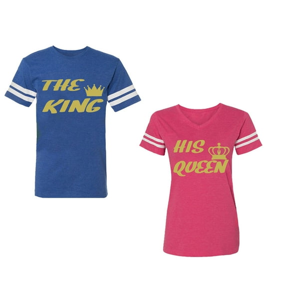The King His Queen Unisex Couple Matching Cotton Jersey style T-Shirt Contrasting stripes on sleeves (Men Royal / Women Pink) (Men L / Women M)