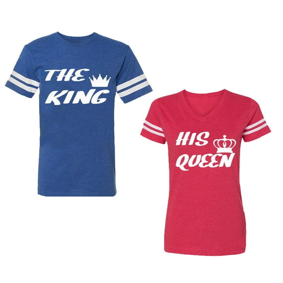 The King His Queen Unisex Couple Matching Cotton Jersey style T-Shirt Contrasting stripes on sleeves (Men Royal / Women Red) (Men L / Women M)