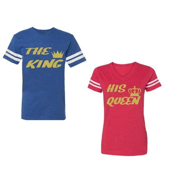 The King His Queen Unisex Couple Matching Cotton Jersey style T-Shirt Contrasting stripes on sleeves (Men Royal / Women Red) (Men S / Women M)