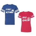 thumbnail image 1 of The King His Queen Unisex Couple Matching Cotton Jersey style T-Shirt Contrasting stripes on sleeves (Men Royal / Women Red) (Men XL / Women XXL), 1 of 3