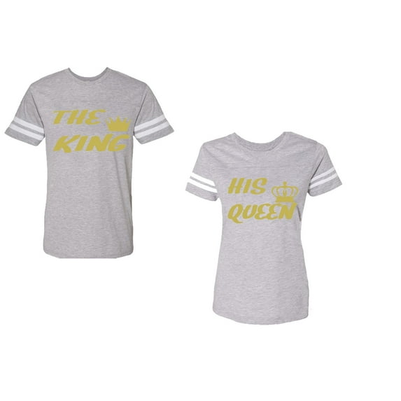 The King His Queen Unisex Couple Matching Cotton Jersey style T-Shirt Contrasting stripes on sleeves (Men Heather / Women Heather) (Men S / Women XXL)