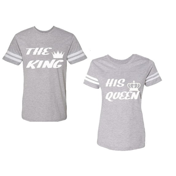 The King His Queen Unisex Couple Matching Cotton Jersey style T-Shirt Contrasting stripes on sleeves (Men Heather / Women Heather) (Men XXL / Women XXL)