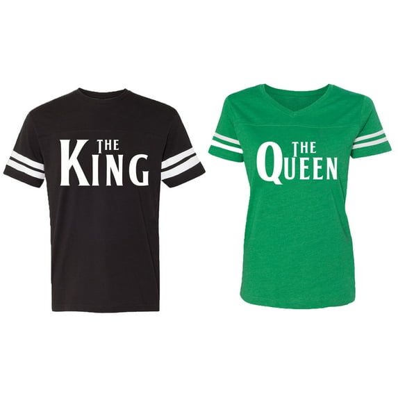 The King The Queen Matching Couple Cotton Jerseys (Men Black / Women Green) (Men XXL / Women XXL)