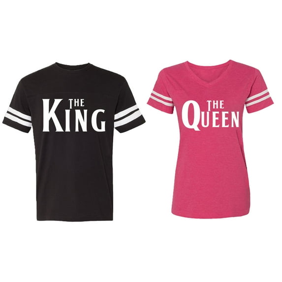 The King The Queen Matching Couple Cotton Jerseys (Men Black / Women Pink) (Men S / Women XL)