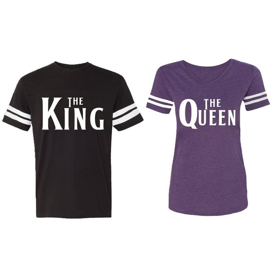 The King The Queen Matching Couple Cotton Jerseys (Men Black / Women Purple) (Men L / Women XL)