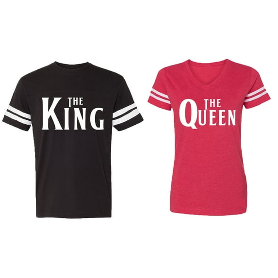 The King The Queen Matching Couple Cotton Jerseys (Men Black / Women Red) (Men XXXL / Women XXL)