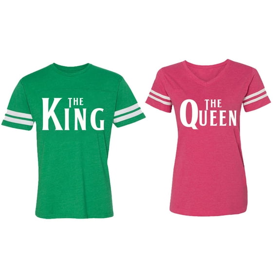 The King The Queen Matching Couple Cotton Jerseys (Men Green / Women Pink) (Men M / Women XXL)