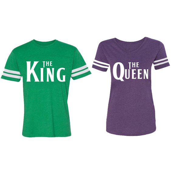 The King The Queen Matching Couple Cotton Jerseys (Men Green / Women Purple) (Men L / Women XL)